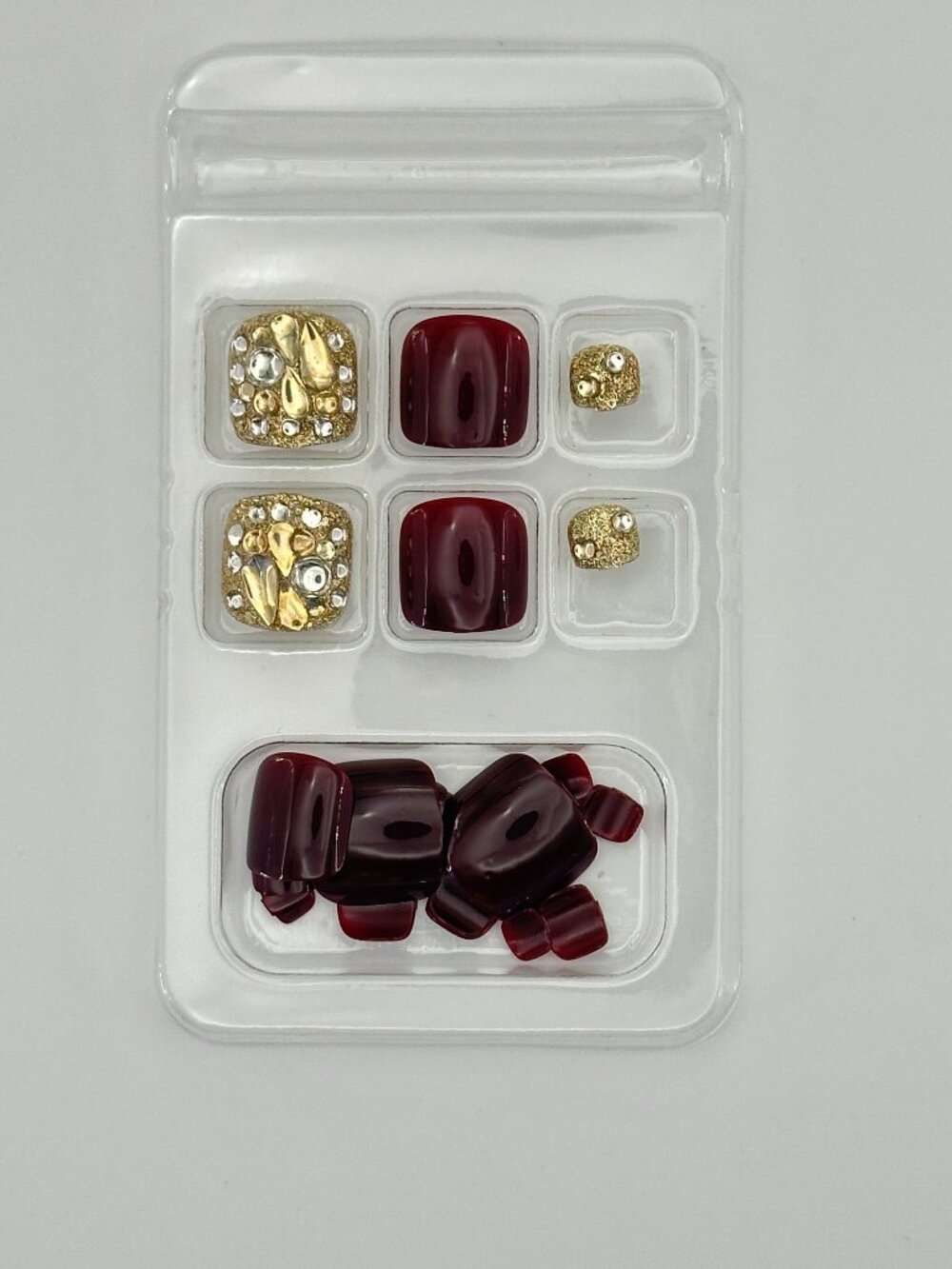 Luxury Burgundy Press-On Toenails - 24 Pcs Sparkly Gold-Tone Set